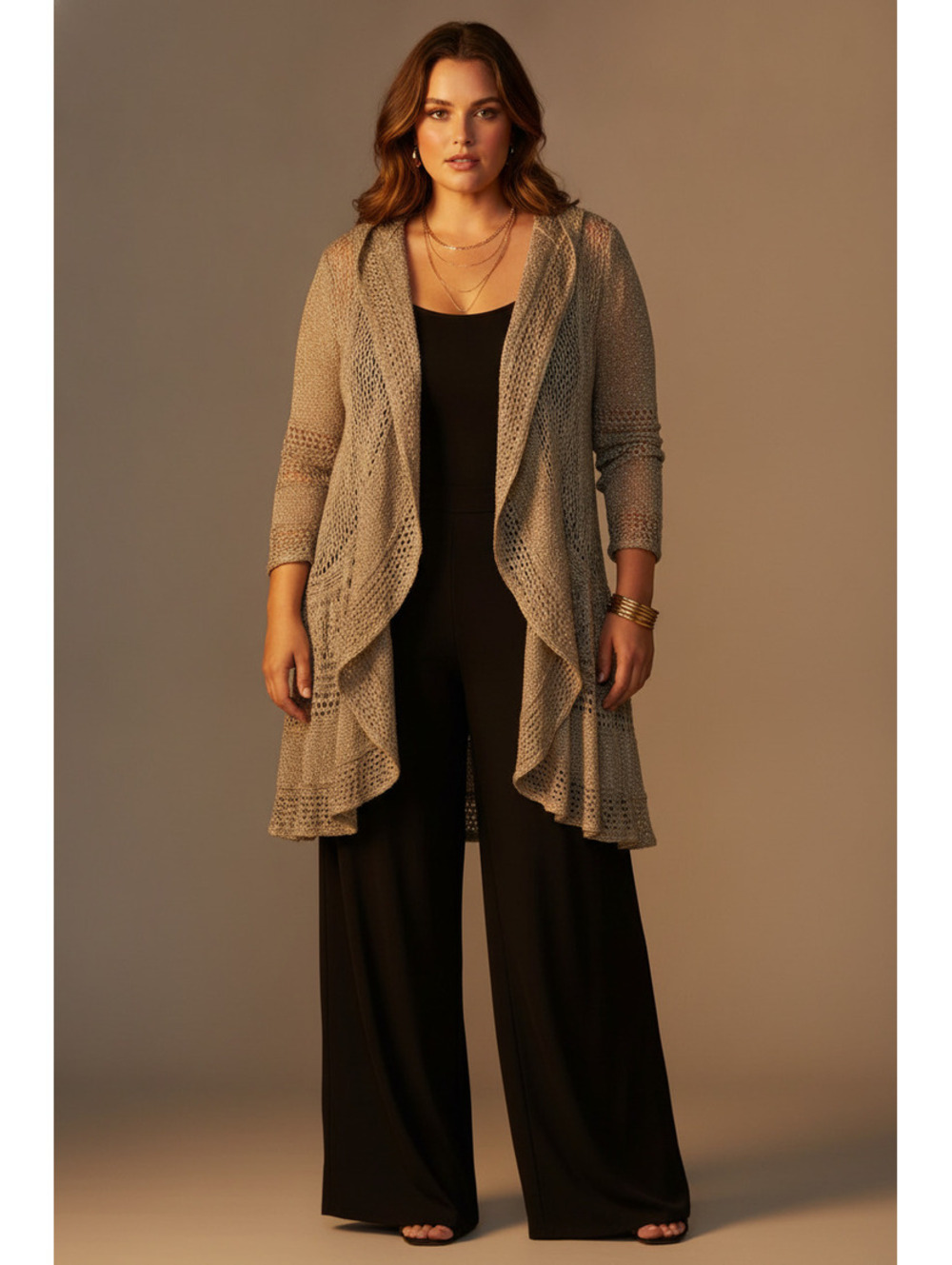 Covington Woman Open Knit Cardigan Sweater Size 3X Beige Boho Metallic